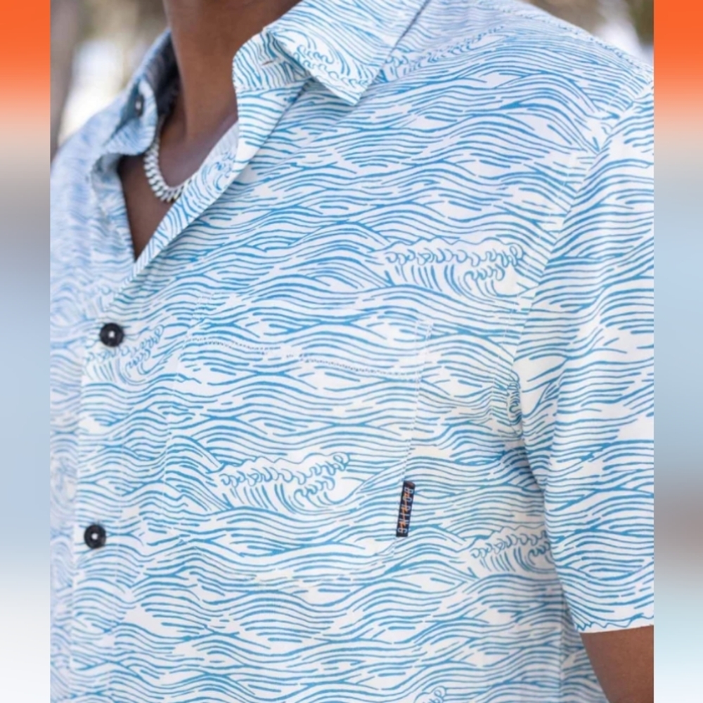 BAJA LLAMA Roll Tides Light Blue 7-Seas Ocean Wave Print Mens Large Button Shirt